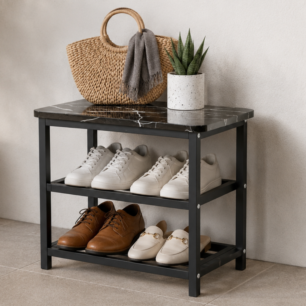 Modern Minimalist Shoe Rack - 2-Tier Shoe Storage Organizer in Wood & Steel