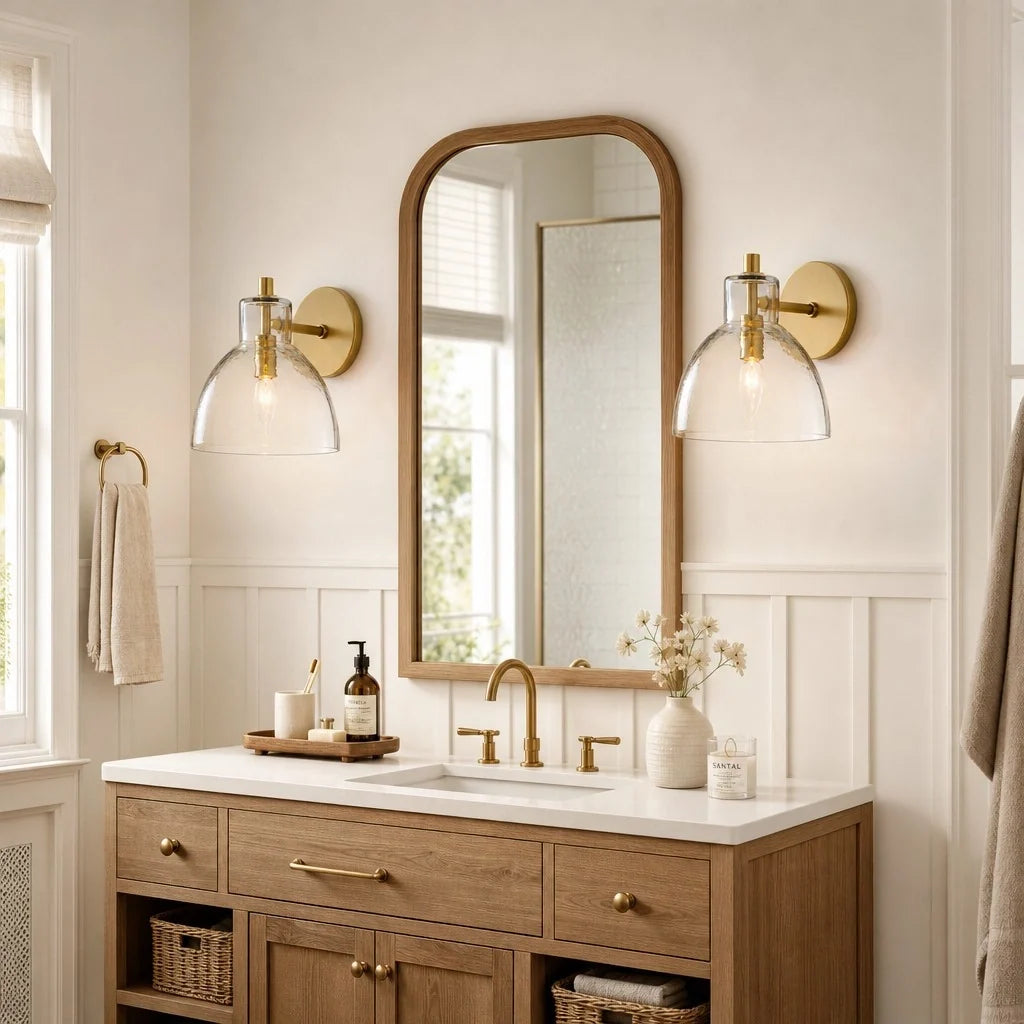 Pair of brass hammered glass wall sconces flanking a mirror above a wooden bathroom vanity