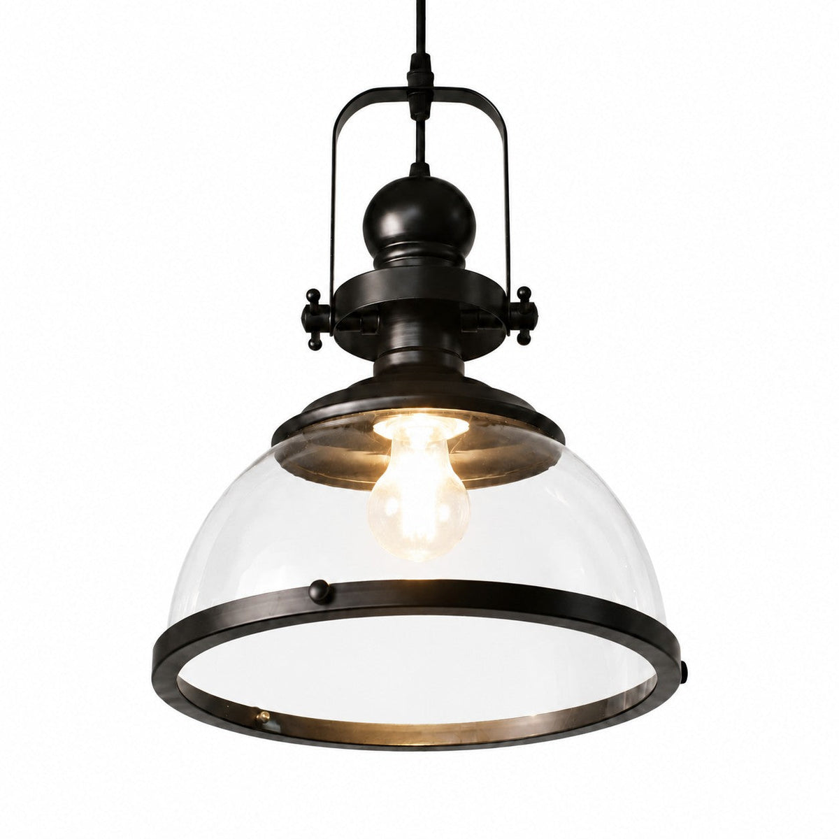 Clear glass dome and black rim of the Cupola Officina pendant, lit