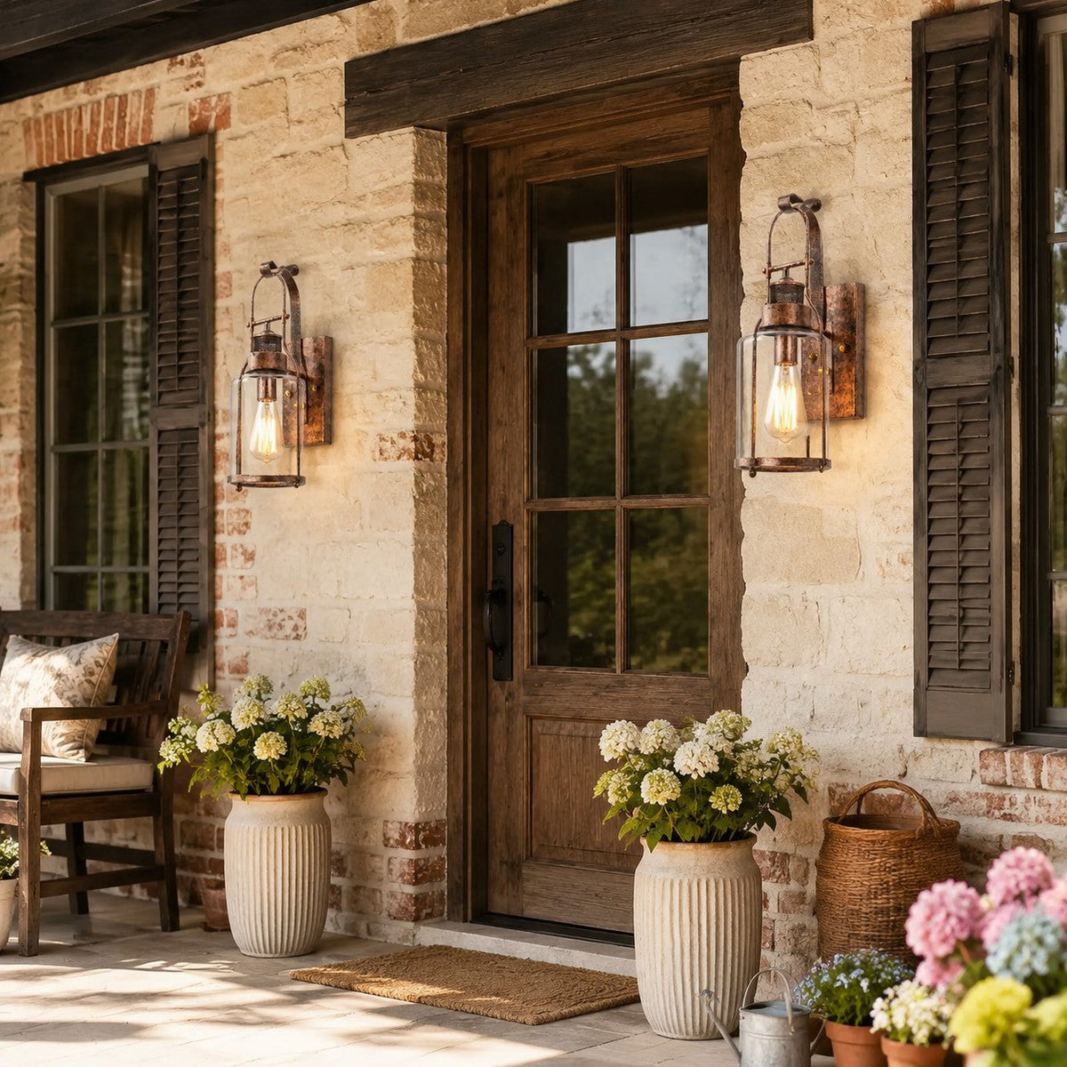 Pair of rust lantern wall sconces flanking a wooden front door on a brick porch