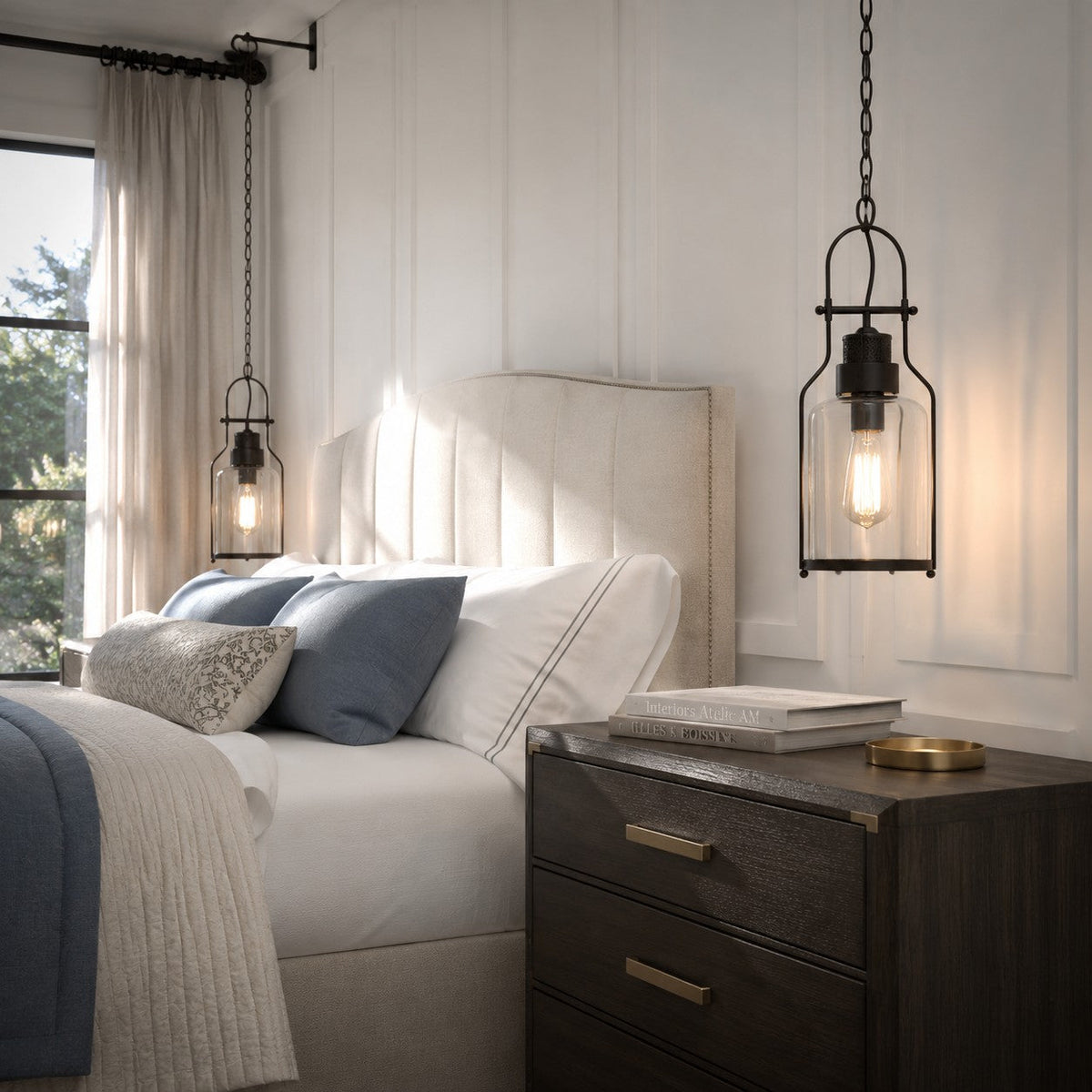 Black glass jar pendant used as a bedside light