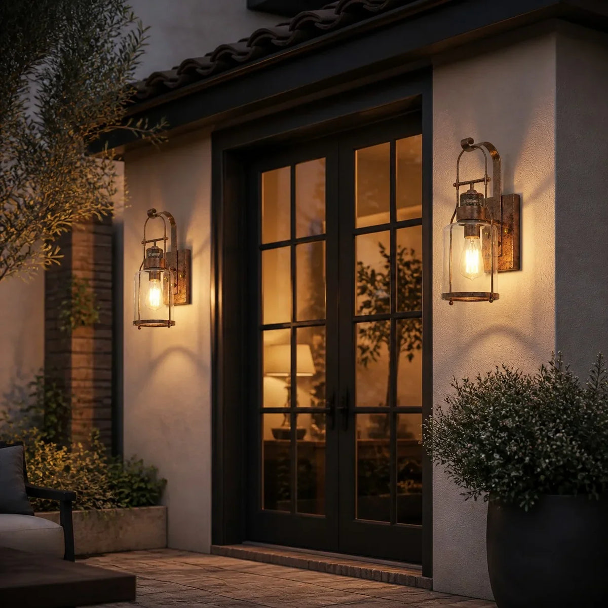 Pair of black lantern wall sconces beside French doors on an evening patio