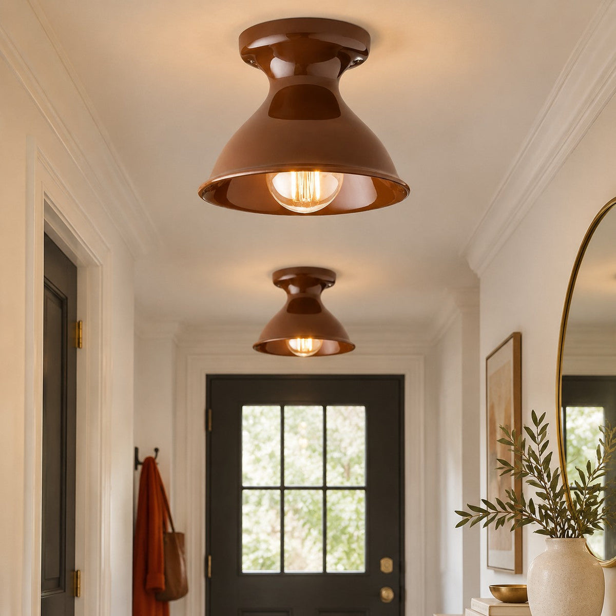 Auburn ceramic flush mount ceiling lights along an entry hallway