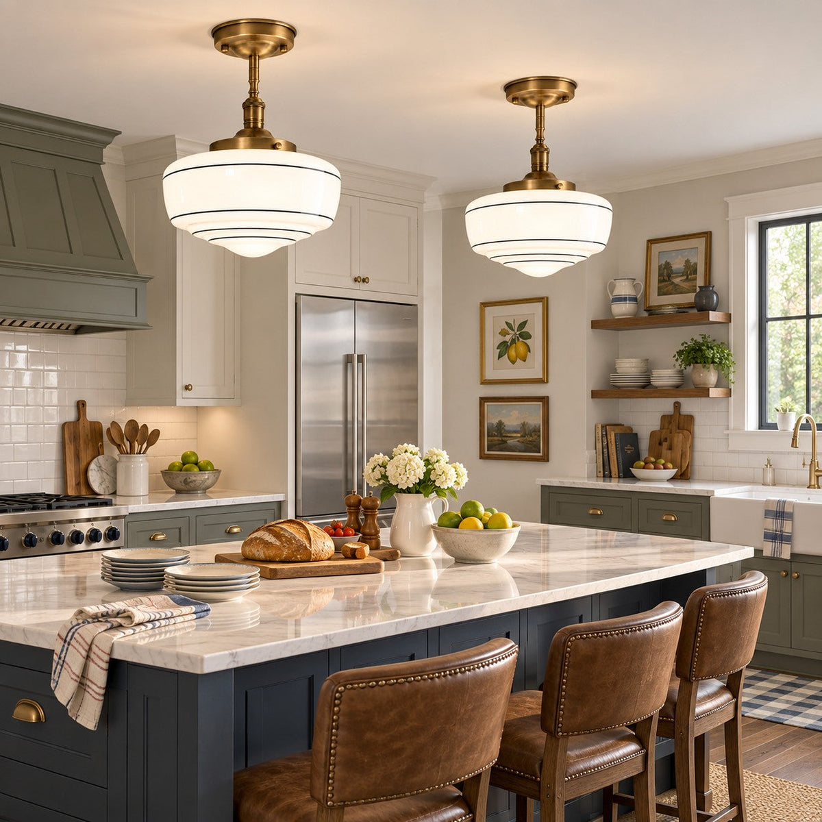 Two Collegio Rigato schoolhouse ceiling lights above a navy kitchen island