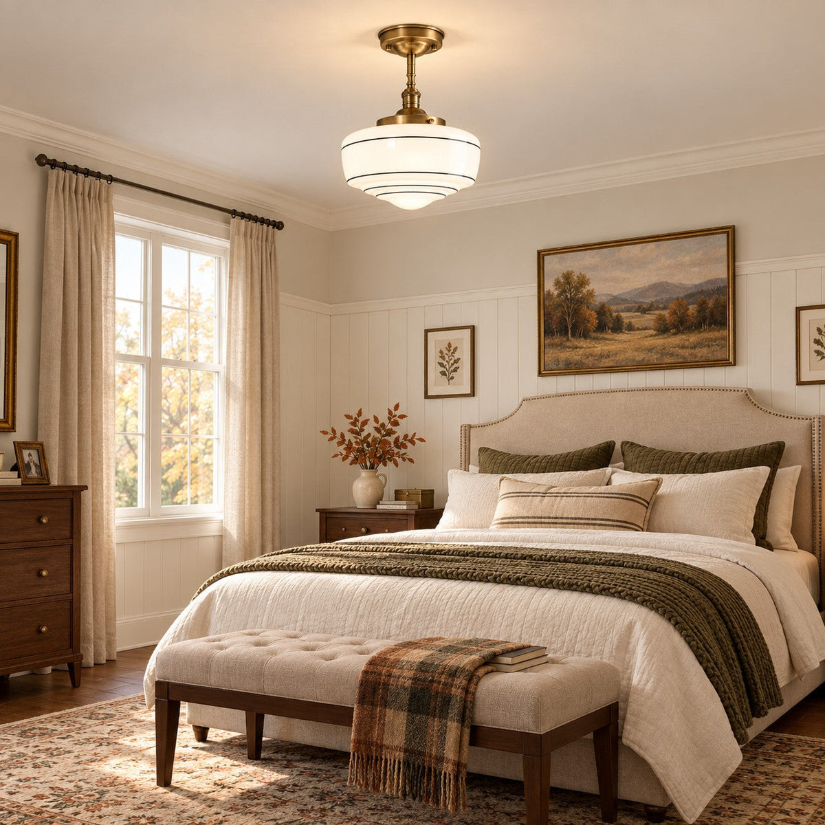 Collegio Rigato schoolhouse ceiling light glowing above a cozy traditional bedroom