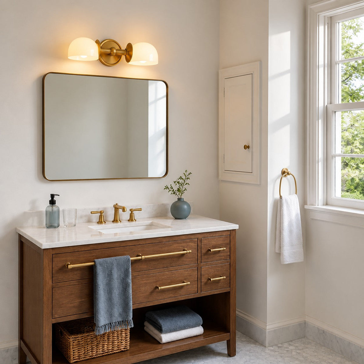 Tumbled brass double milk glass sconce over a walnut bathroom vanity