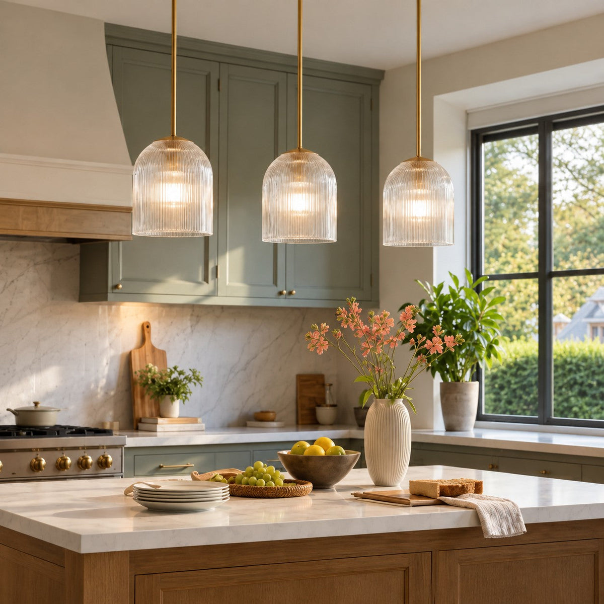 Three brass Rigata ribbed glass pendants over a kitchen island with sage cabinets