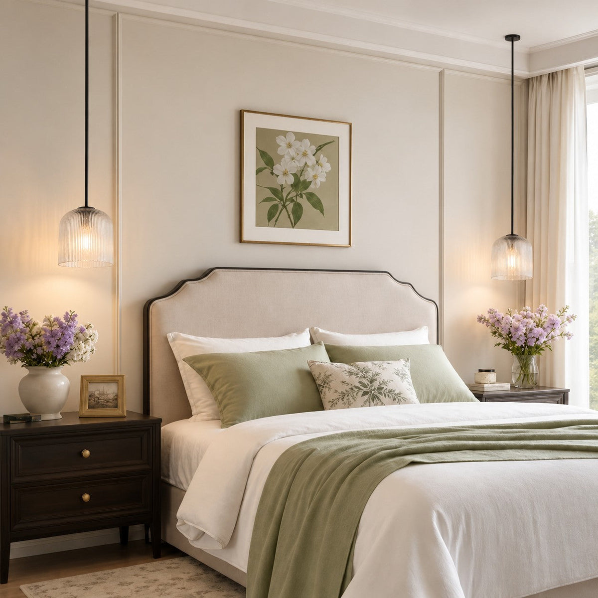 Black Rigata ribbed glass pendants as bedside lights in a soft green bedroom