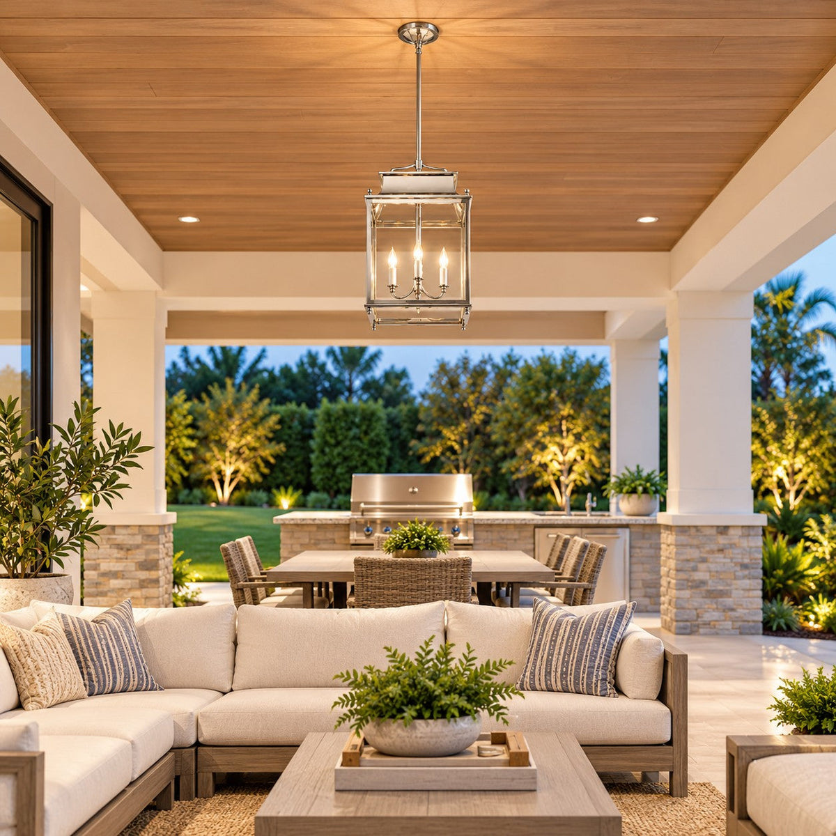 Polished nickel glass lantern pendant over a covered patio living area at dusk
