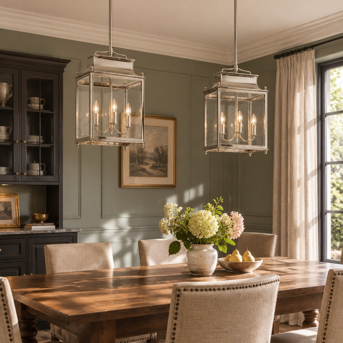 Pair of polished nickel glass lantern pendants above a farmhouse dining table
