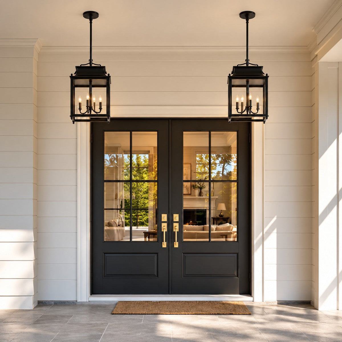 Pair of oil bronze glass lantern pendants framing black double front doors on a white porch