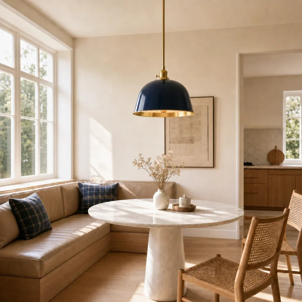 Blue bell pendant above a round table in a bright breakfast nook