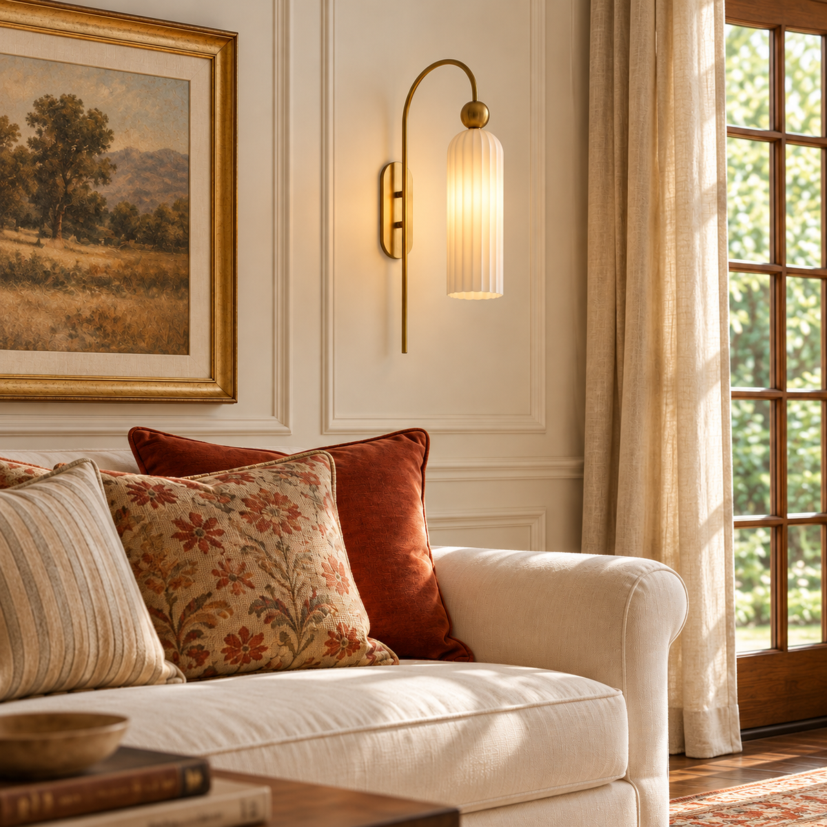 Milk glass gold gooseneck wall sconce above a linen sofa in a sunlit living room
