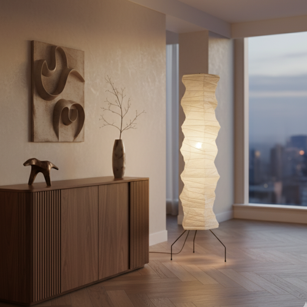Luna Velata rice paper floor lamp in a corner beside a wood credenza