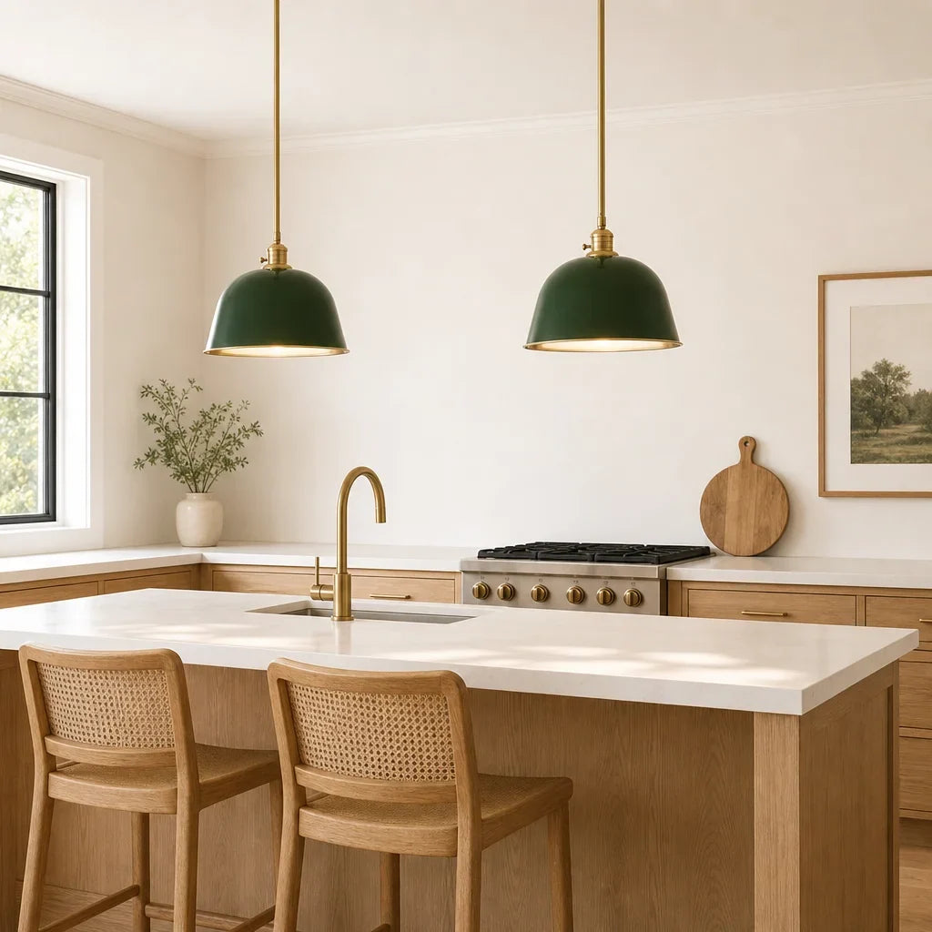 Pair of green bell pendants above a white oak kitchen island