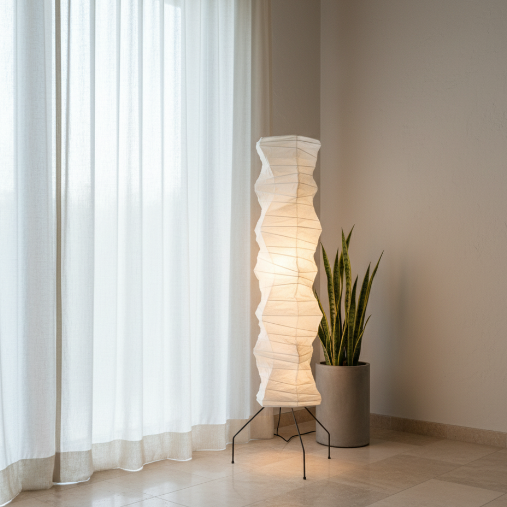 Luna Velata rice paper floor lamp glowing by a window with sheer curtains
