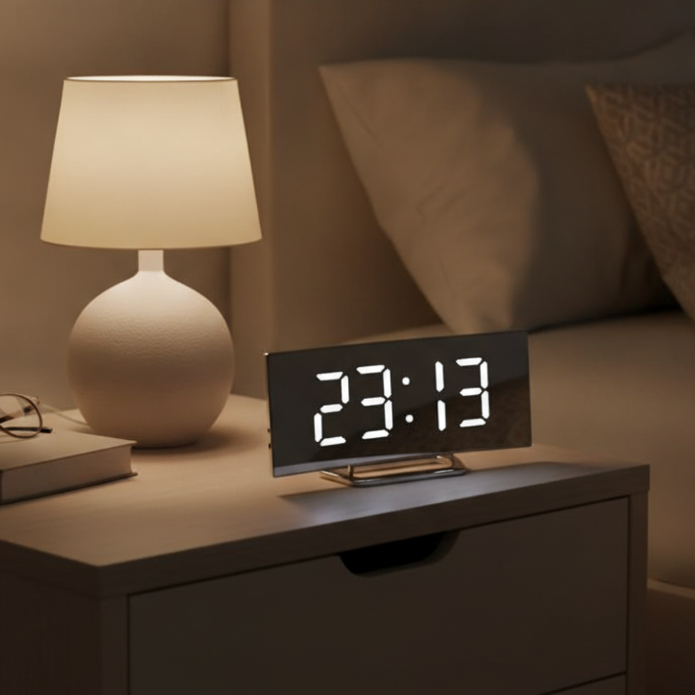 Arco Notte LED digital alarm clock with white display on a cosy bedroom nightstand