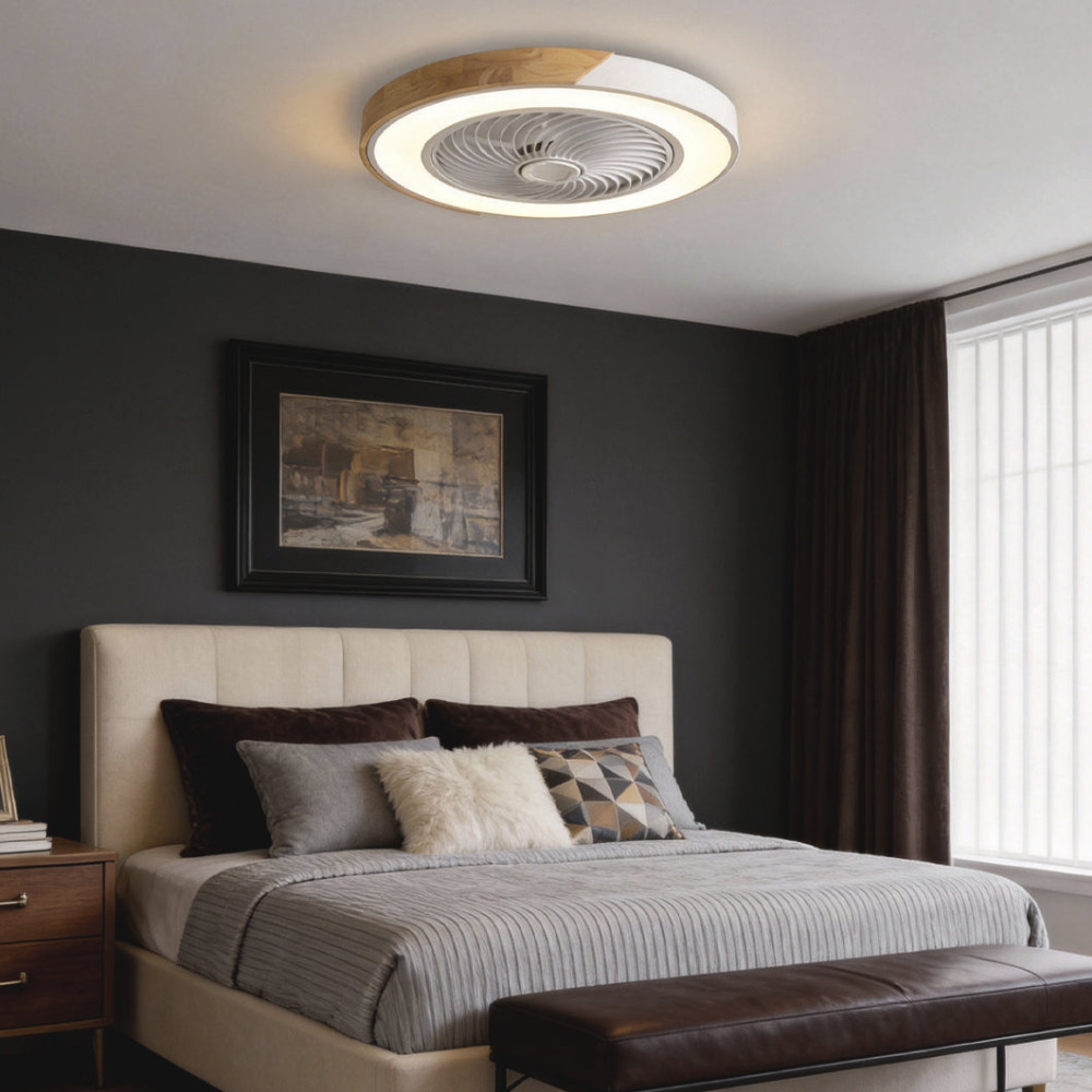 Flush Mount Ceiling Fan with Light and Wood Accents - Scandinavian Style