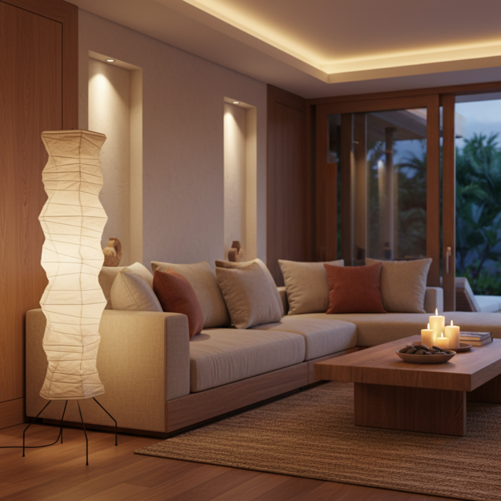 Luna Velata rice paper floor lamp beside a bed in a bright bedroom