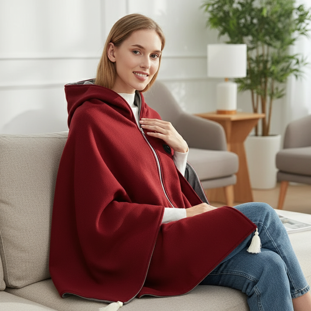 Woman on a sofa wearing the Abbraccio red heated shoulder wrap