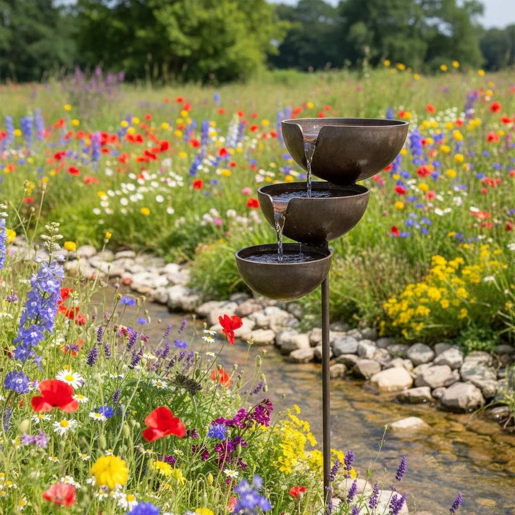 Cascata Serena tiered metal bird bath in a sunny wildflower meadow