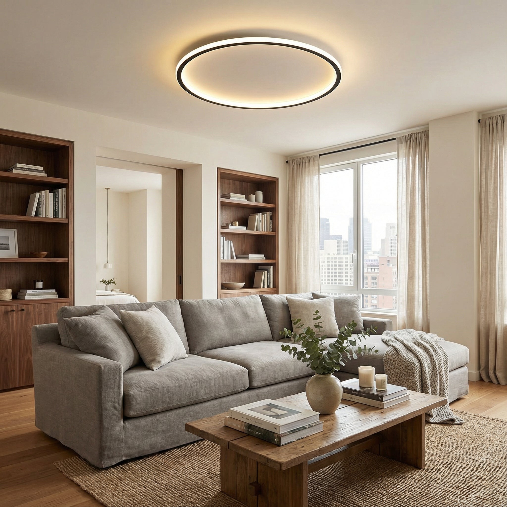 Luce Aurora black halo ceiling light in an elegant living room