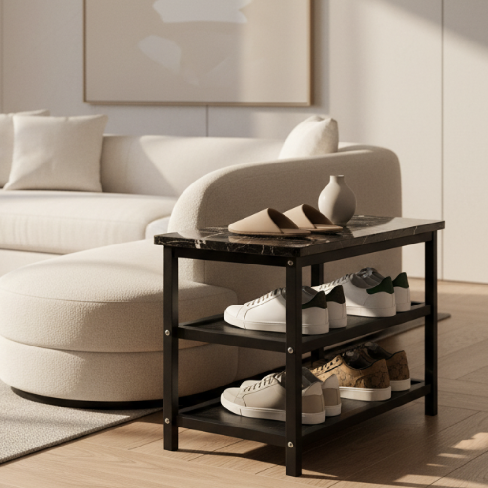 Modern Minimalist Shoe Rack - 2-Tier Shoe Storage Organizer in Wood & Steel