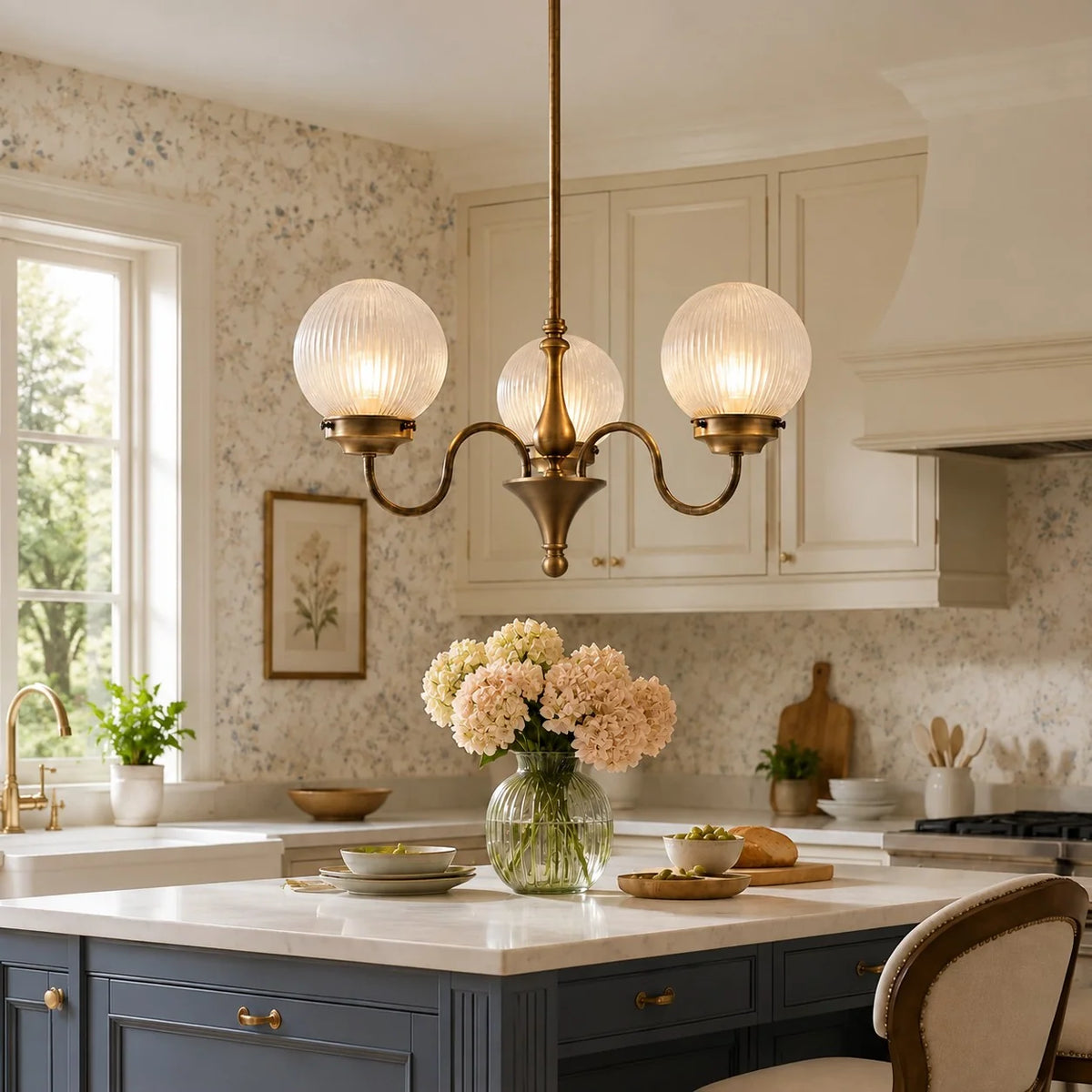Antique brass globe chandelier over a navy kitchen island