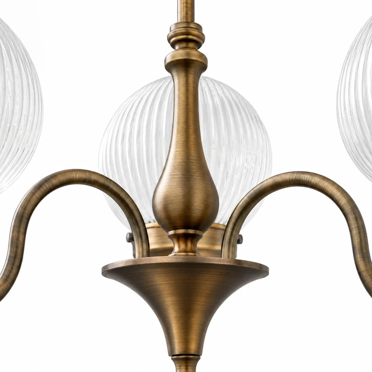 Turned antique brass center column and arms of the Lucciola Dorata chandelier
