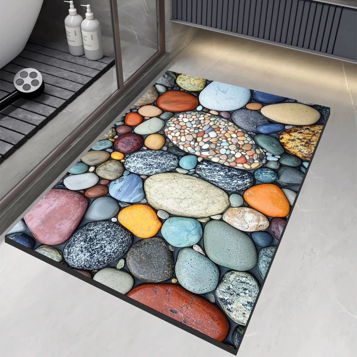 Riviera Stone Bath Mat styled on the floor of a modern bathroom
