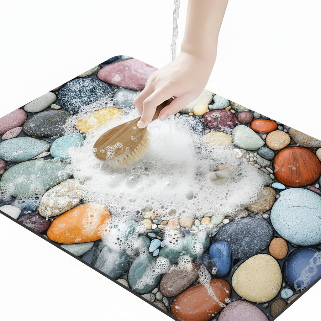 Riviera Stone Bath Mat being rinsed clean - quick-dry wipe-clean surface