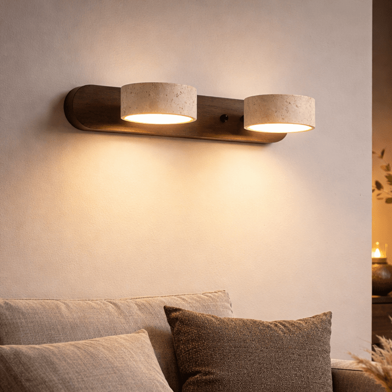 Lucenza Travertine Wall Light - walnut 2-light styled above a bed