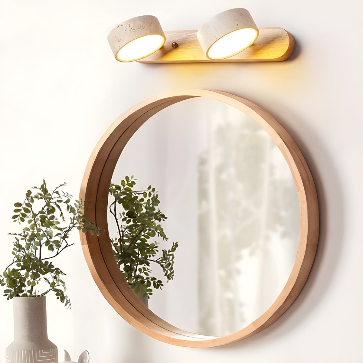 Lucenza Travertine Wall Light - oak 2-light above a round wood mirror