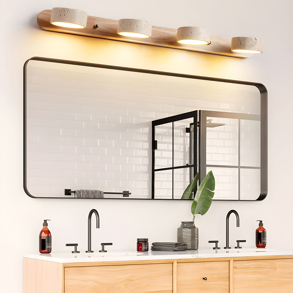 Lucenza Travertine Wall Light - oak 4-light above a double vanity mirror