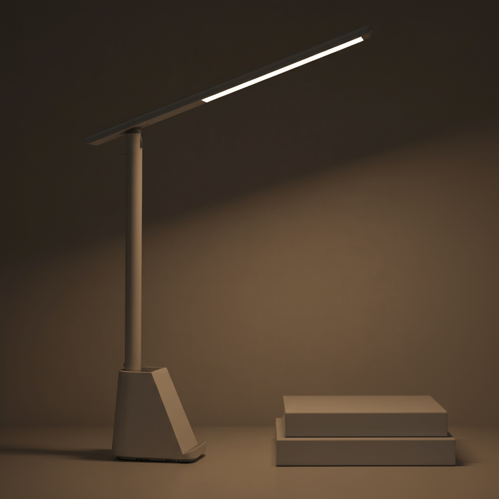 Foldable LED desk lamp - white styled with stacked books