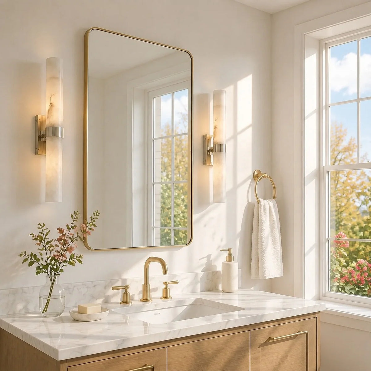 Pair of Stelo Alabastro sconces in tumbled brass flanking a vanity mirror by an autumn window