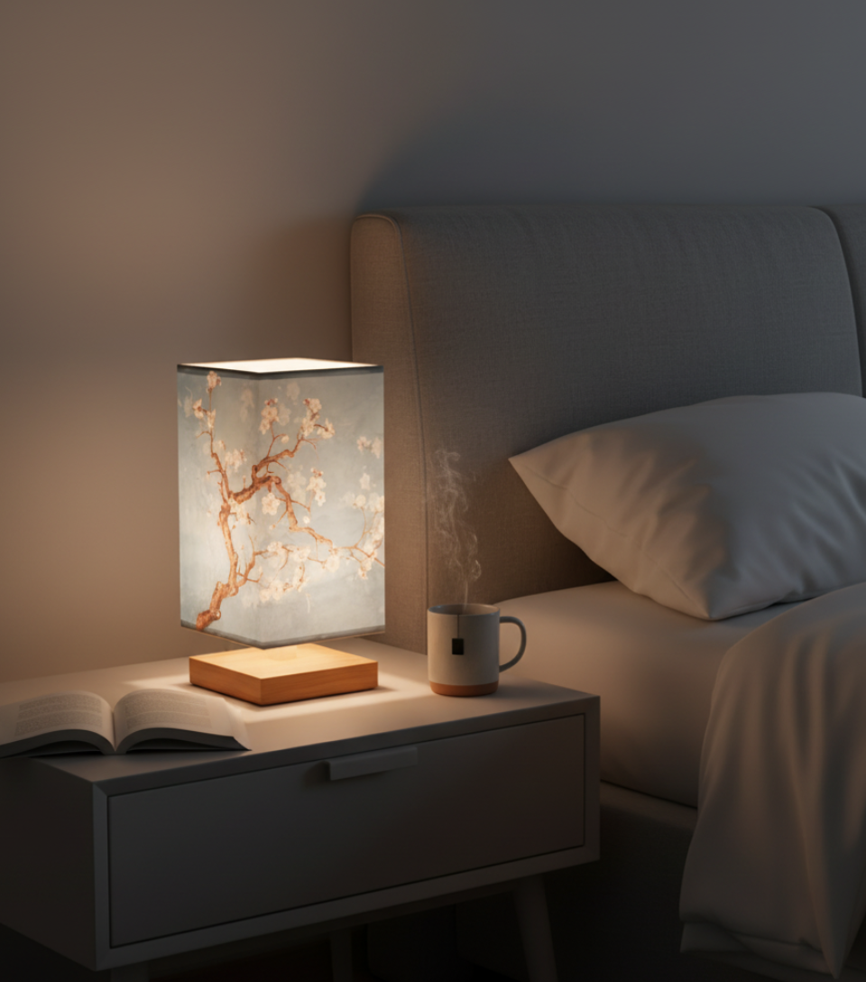 Velura bamboo table lamp blue blossom shade glowing at the bedside
