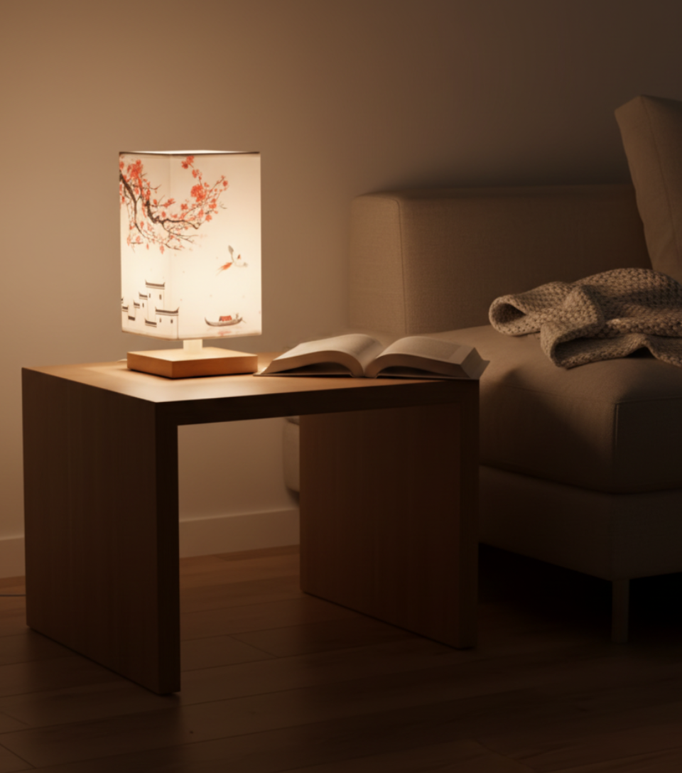 Velura bamboo table lamp red blossom shade on a side table with an open book