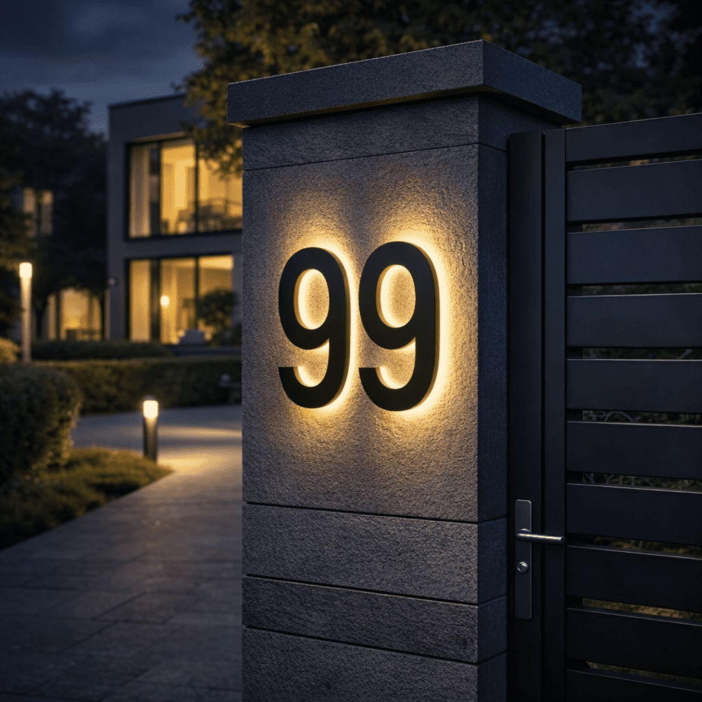 Illuminated house number 99 on a stone gate pillar at night