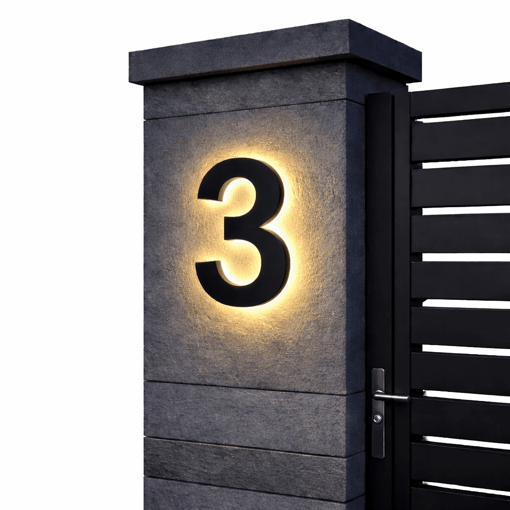 Illuminated house number 3 - black with warm LED halo