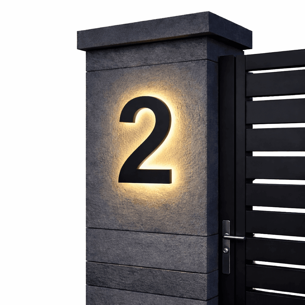 Illuminated house number 2 - black with warm LED halo