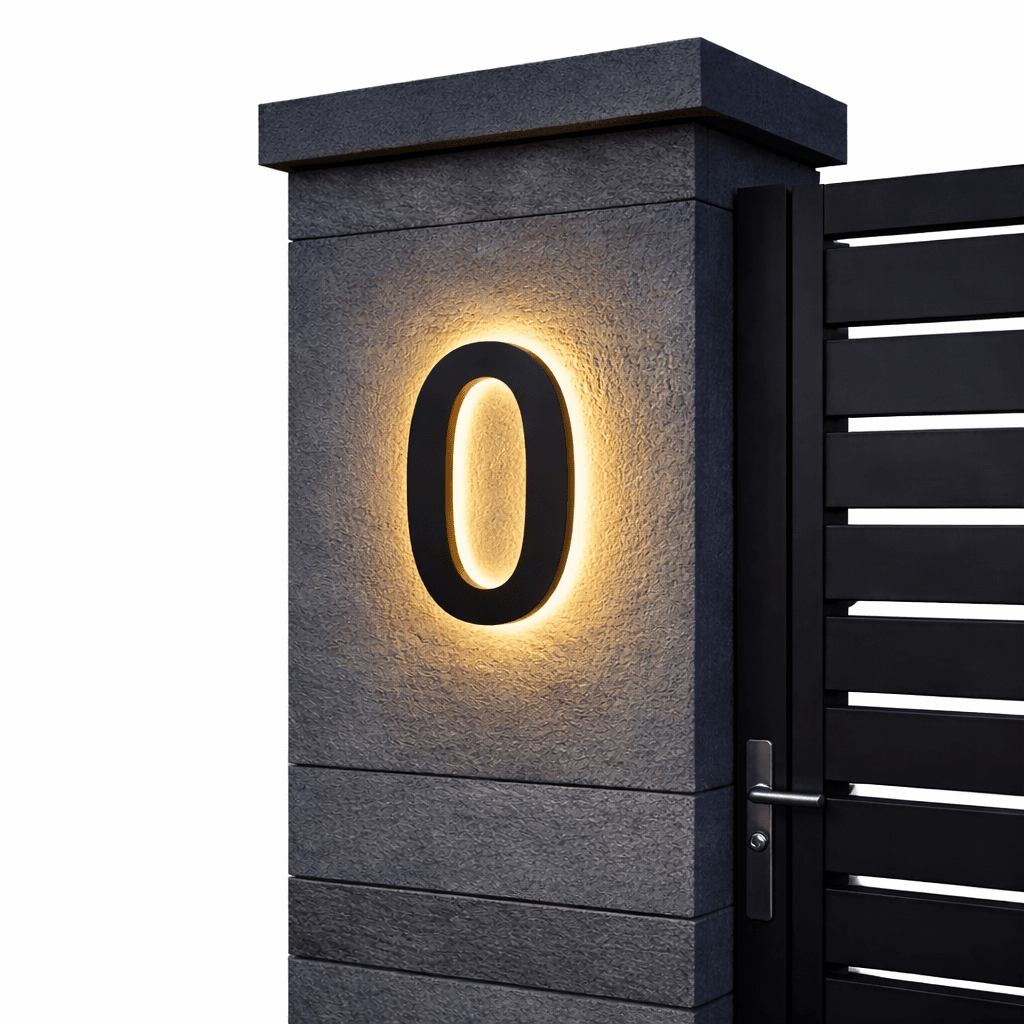 Illuminated house number 0 - black with warm LED halo