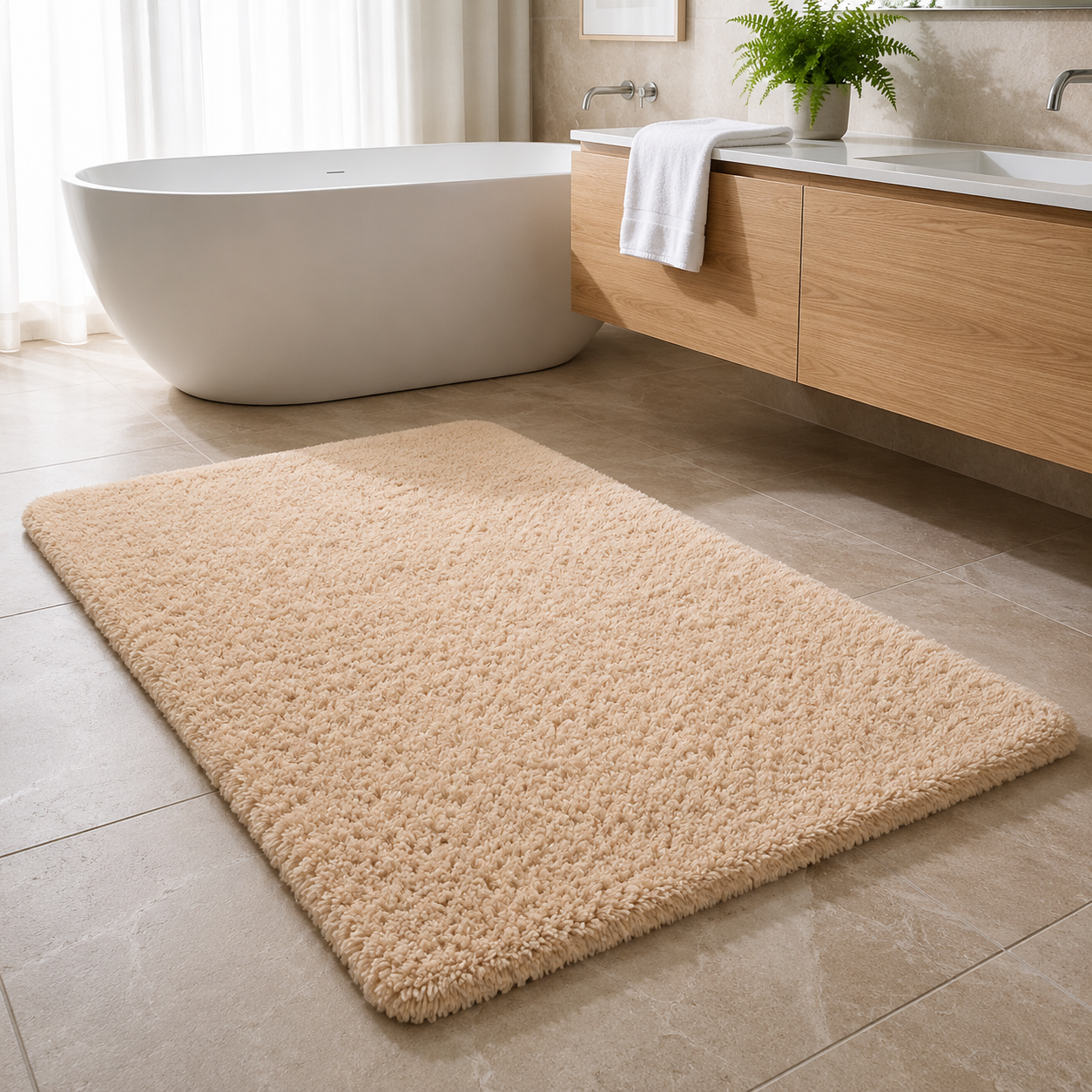 Soffice Lusso plush shag bath rug in Light Camel in a bright bathroom