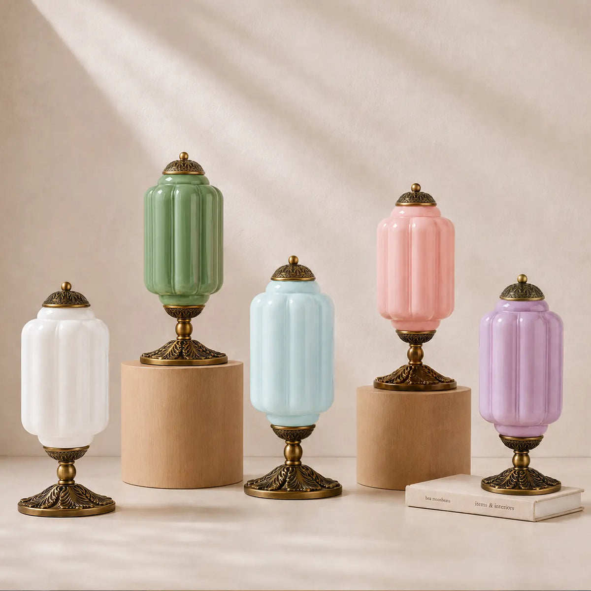 Opalina Fiorita fluted glass table lamp shown in the full range of glass colors