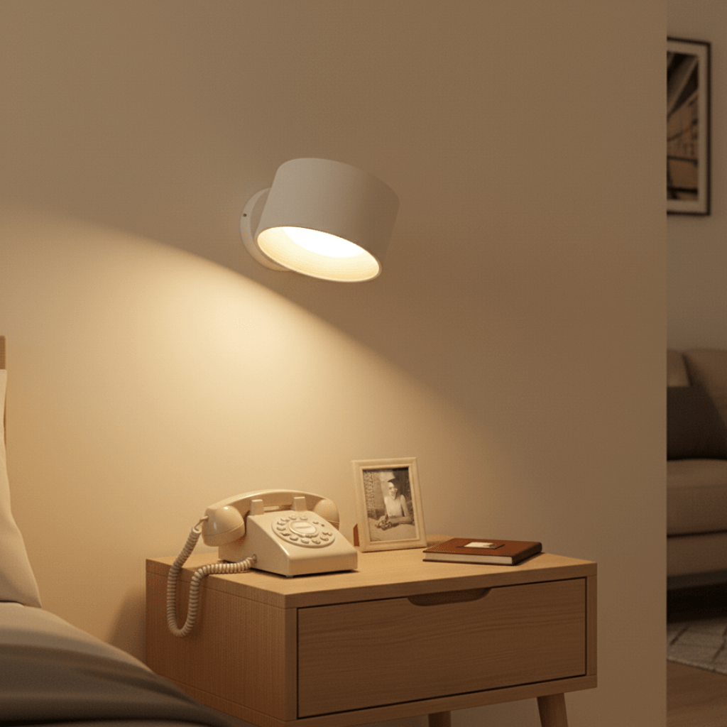 White Aura cordless wall light beside a bed