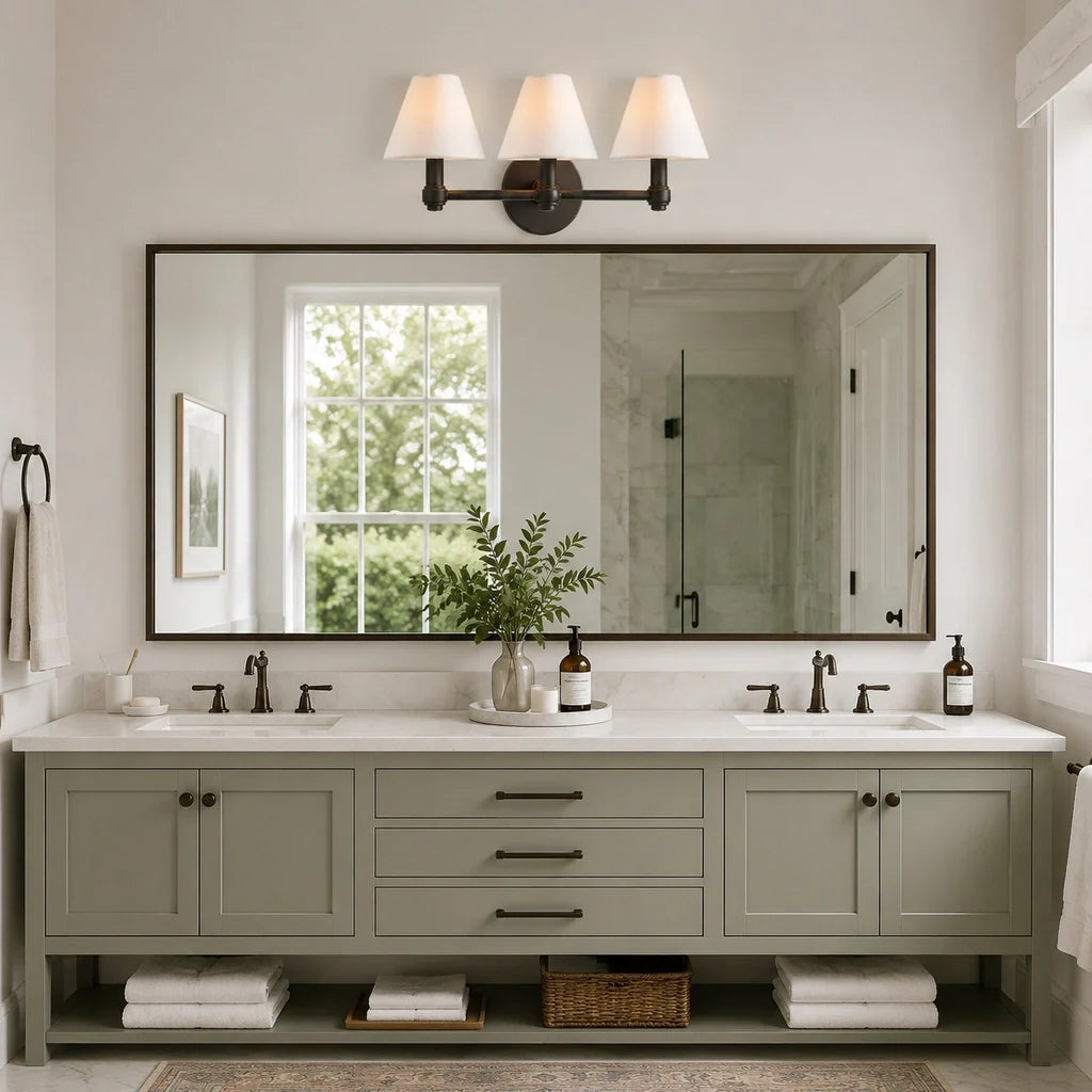 Terzetto bronze vanity sconce with linen shades above a wide mirror and sage double vanity