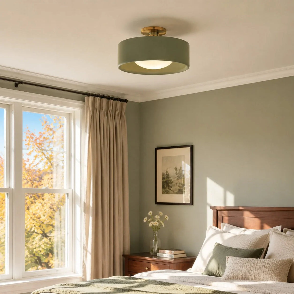 Matte green porcelain semi-flush ceiling light in a sage bedroom with autumn window