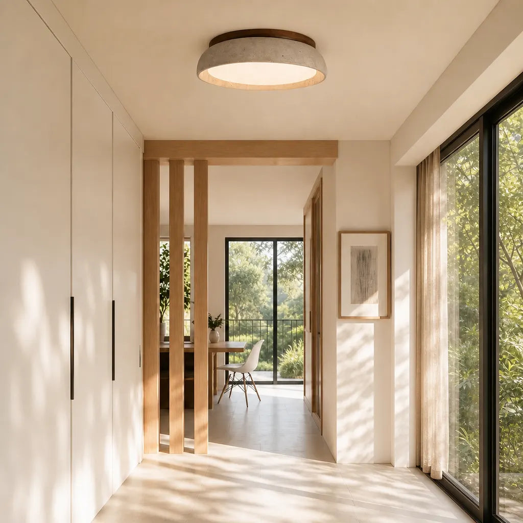 Travertine flush mount ceiling light in a modern hallway with oak slat partition