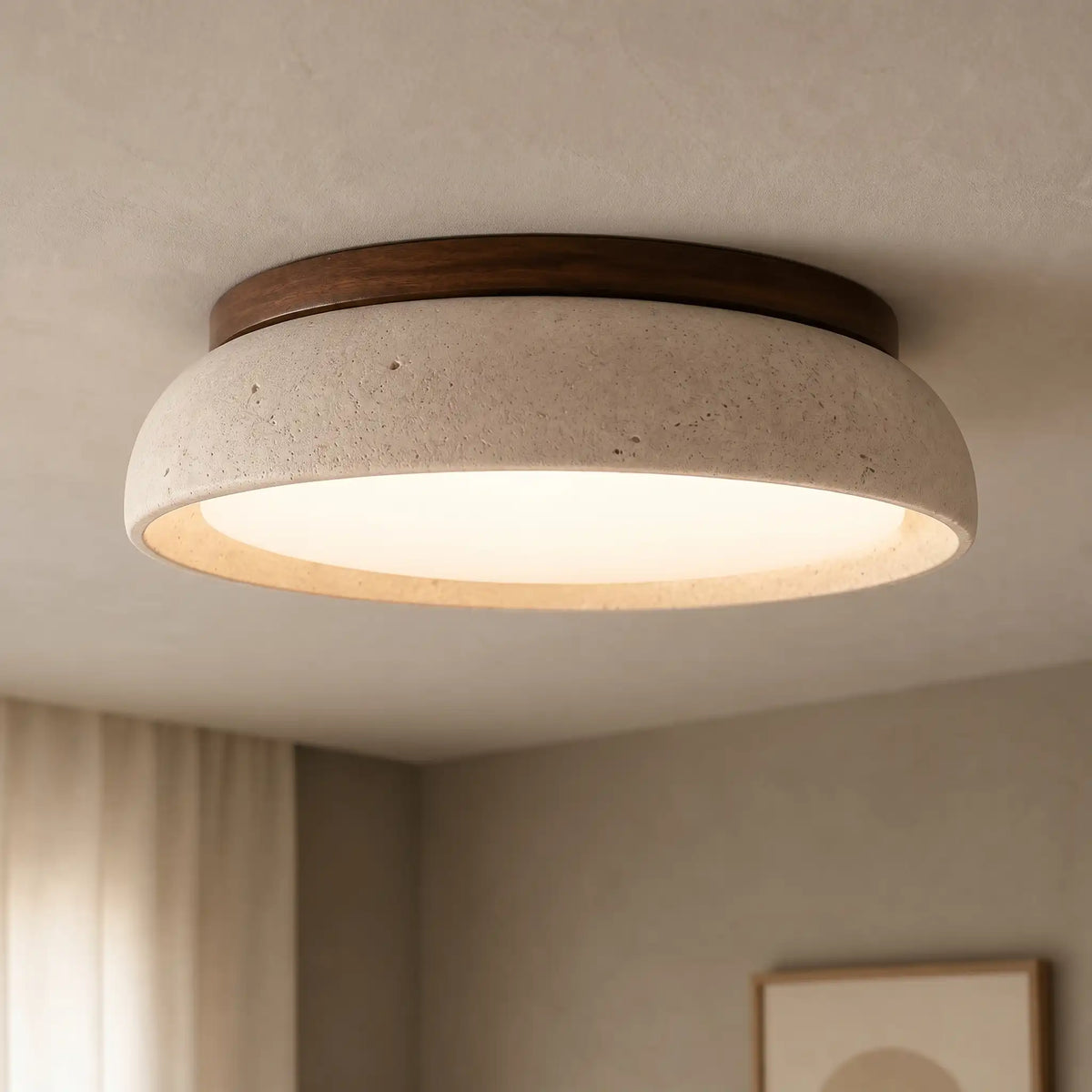 Close-up of the travertine shade with walnut ring and warm diffuser