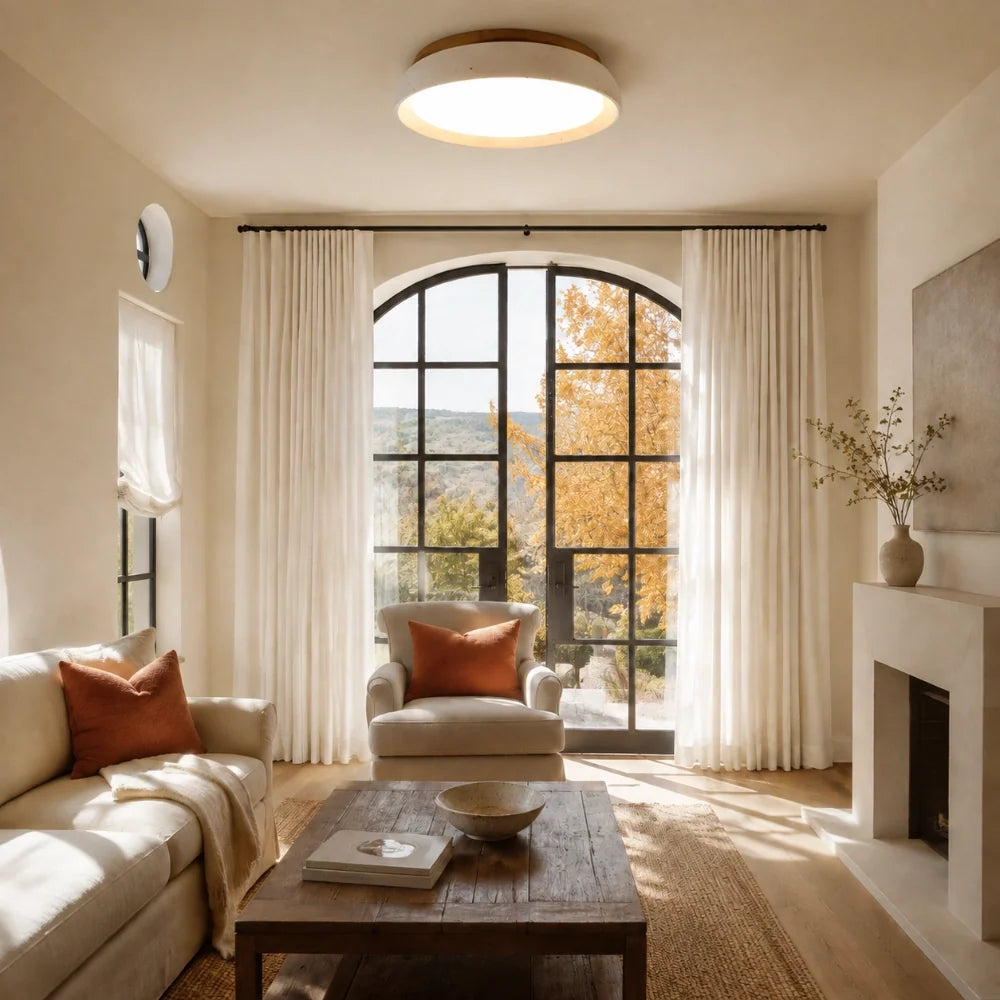 Travertine flush mount ceiling light in a sunlit living room with arched black windows